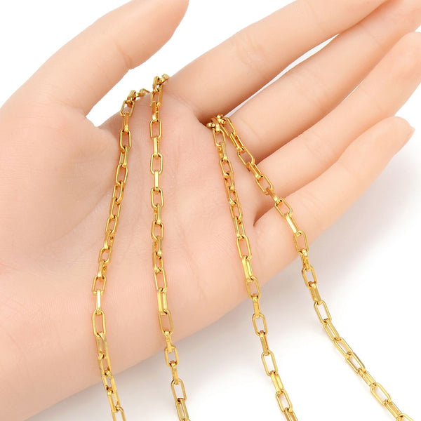 16.5 Feet Tarnish Resistant Paperclip Cable Chain Link, 24K Yellow Gold Plated, Long Lasting, Size Selections: 6.7x2.3mm, 7.4x3.4mm, 9.6x3.5mm