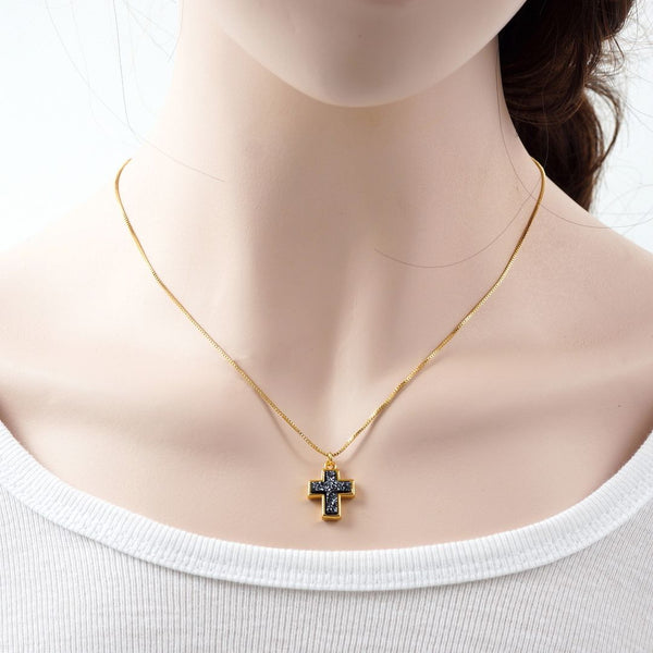 1pc Natural Druzy Crystal Pendant Necklace, Hematite Black Cross Small Gemstone Pendant, 18 inch Gold Plated Stainless Steel Chain, GGP20-4
