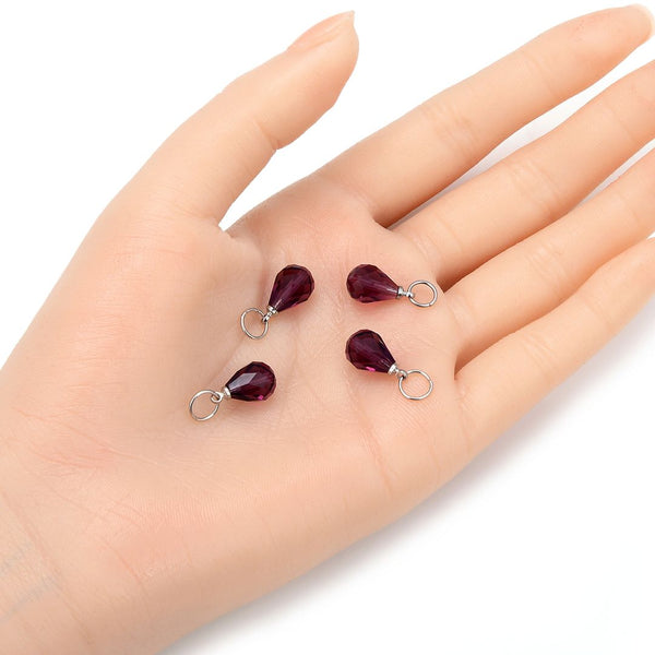5pcs February Birthstone Charm Drops, 10mm Amethyst Purple Austrian Teardrop Crystal Beads, Sterling Silver Plated Open Jump Rings, BR6-2