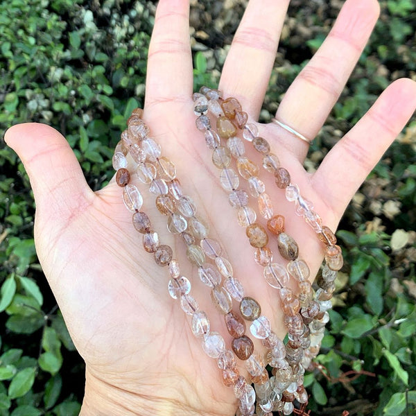 Natural Brown Copper Rutilated Quartz Gemstone Oval Tumbled Pebble Beads, Irregular, 6mm to 8mm, Hole ID 1mm, 15 Inch/1 Strand, GZ11-34