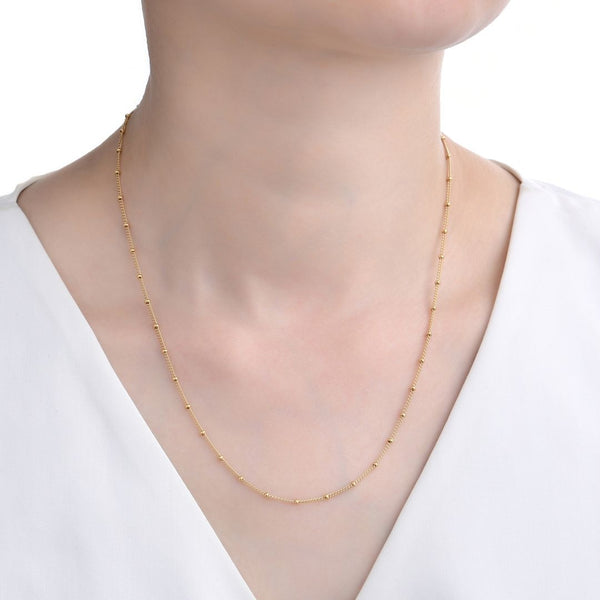 1pc 1/20 14K Gold Filled Satellite Bead Station Curb Link Chain Necklace, Thin Small, 1.9mm Beads, Non Tarnish, Length Selections: 16 inch/18 inch/20 inch