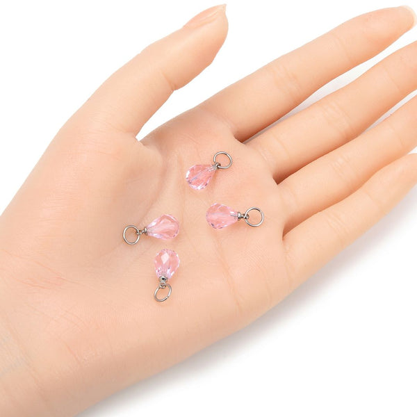 5pcs October Birthstone Charm Drops, 10mm Pink Austrian Teardrop Crystal Beads, Sterling Silver Plated Open Jump Rings, BR6-10