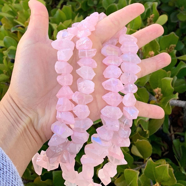 Natural Raw Crystal Quartz Nugget Drilled Gemstone Beads, Rose Pink AB Titanium Coated Stone Nuggets, 15 Inch, GA-B8