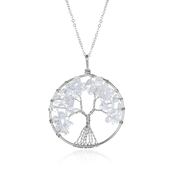 1pc Tree of Life Prosperity Necklace, Natural White Quartz Clear Quartz Gemstone Pendant, 26 inch Surgical Stainless Steel Chain, GGP9-8