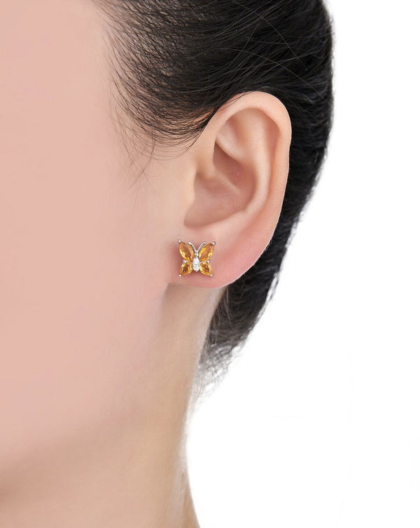 1 Pair 925 Sterling Silver November Birthstone Butterfly Stud Earrings, 10mm, Cubic Zirconia CZ Yellow Topaz Stone, SSE83-11