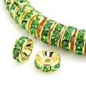 100pcs Grade A Rhinestone Rondelle Beads, Peridot Green Rhinestone, 18K Yellow Gold Plated Brass, Size Selections: 5mm/6mm/8mm/10mm/12mm