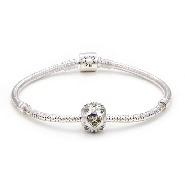 1pc 925 Sterling Silver Round Heart Pattern August Birthstone Bead Charm, Green Peridot Cubic Zirconia CZ, 11x9mm, Hole ID 4.5mm, EC1-H8