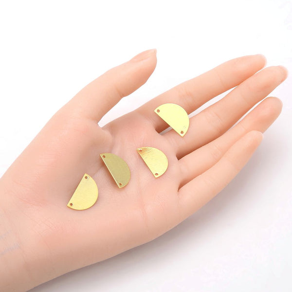 10pcs 21mm 2-Hole Half Round Circle Semicircle Links, Tarnish Resistant, 18K Yellow Gold Plated Brushed Brass, BF-A9
