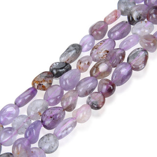 Natural Purple Rutilated Quartz Gemstone Oval Tumbled Pebble Beads, Irregular, 6mm to 8mm, Hole ID 1mm, 15 Inch/1 Strand, GZ11-35