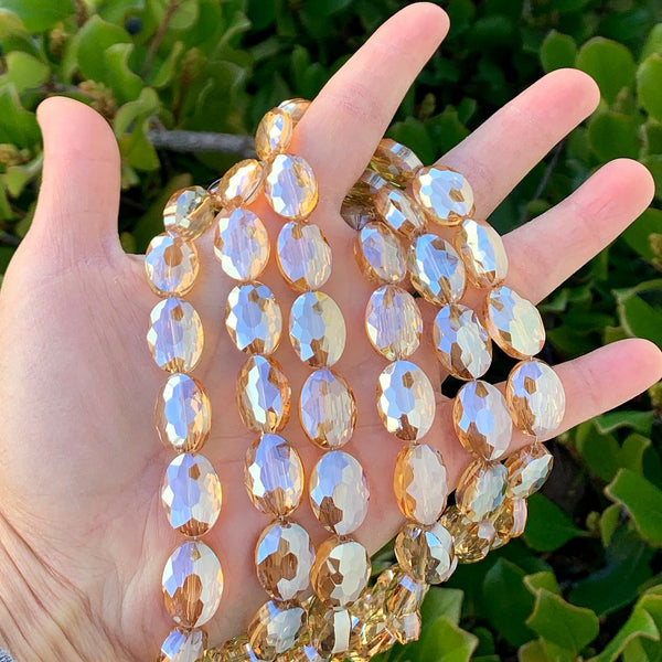 50pcs Creative Club Faceted Flat Oval Crystal Beads, Golden Shadow, 16x12mm/Large, Hole ID 1.1mm, CCO-28