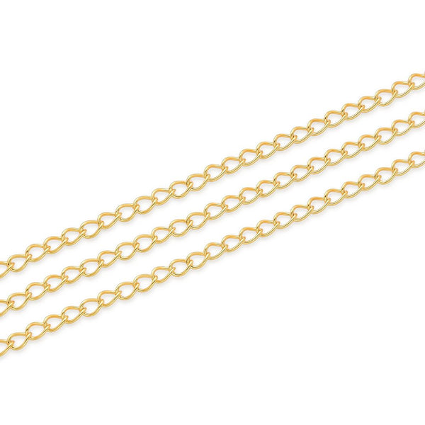 16.5 Feet Tarnish Resistant Oval Ring Curb Cable Chain Link, 18K Yellow Gold Plated Brass, Size Selections: 3.5x2.2mm, 4.2x2.6mm