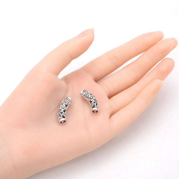 10pcs Large Hole Curved Filigree Daisy Flower Noodle Tubes, Antique Silver, 25mm (1 Inch), Hole ID 4mm, MC-L5