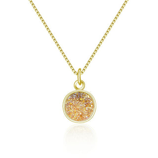 1pc Natural Druzy Crystal Pendant Necklace, Golden Champagne Round Disc Small Tiny Gemstone Pendant, 18 inch Gold Plated Stainless Steel Chain, GGP22-2