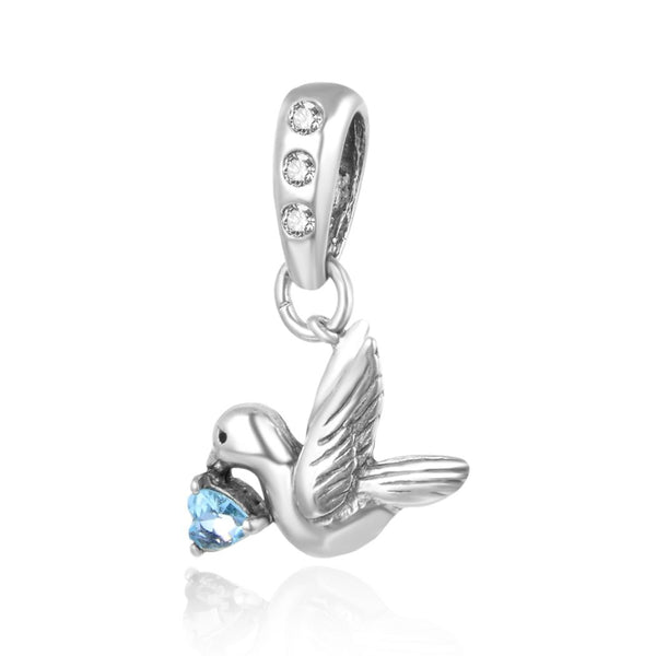 1pc 925 Sterling Silver Bird Charm, Freedom Lover March Birthstone Charm Drop, Blue Aquamarine Cubic Zirconia CZ, 20mm Long, Hole ID 4.5mm, EC1-D3