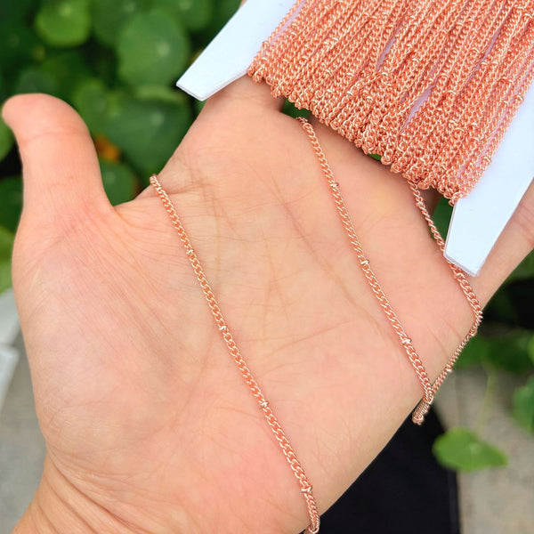33 Feet Satellite Bead Station Curb Copper Chain Link, Bright Coppery, 2mm Link, 2.5mm Bead, CW10-P1