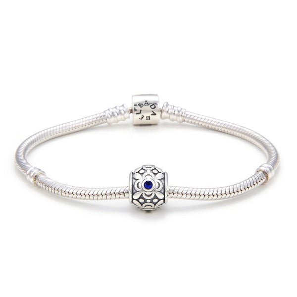 1pc 925 Sterling Silver Round Flower Pattern September Birthstone Bead Charm, Blue Sapphire Cubic Zirconia CZ, 11.2x9.5mm, Hole ID 4.5mm, EC1-G9