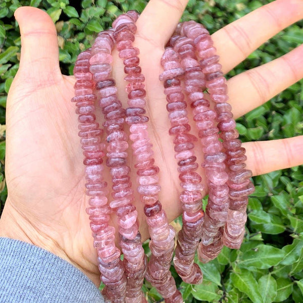 Natural Red Strawberry Quartz Gemstone Flat Coin Chip Beads, Irregular, 7mm-10mm, Hole ID 1mm, 15 Inch/1 Strand, GZ7-9