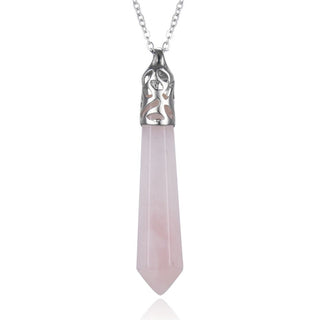 1pc Natural Pink Rose Quartz Hexagonal Pile Gemstone Pendant Necklace, 18 Inch Surgical Stainless Steel Chain, GGP-B12