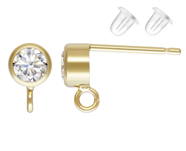 2pc Real 1/20 14K Gold Filled Earring Posts, 4mm Small Cubic Zirconia CZ Bezel, Open Ring, with 2pcs Plastic Earring Backs, JK1-F4