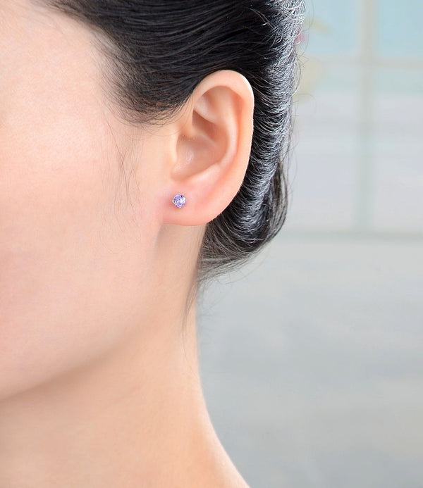 1 Pair 925 Sterling Silver February Birthstone Round Cut Stud Earrings, 4mm/0.25 Carat Small Tiny Cubic Zirconia CZ Purple Amethyst Stone, SSE78-2