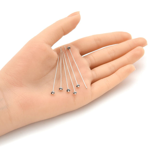 20pcs Fancy Decorative Head Pins, 4mm Artistic Flower Head, Antique Silver, 2.1 Inch Long, 0.7mm/21 Gauge, MC-W1