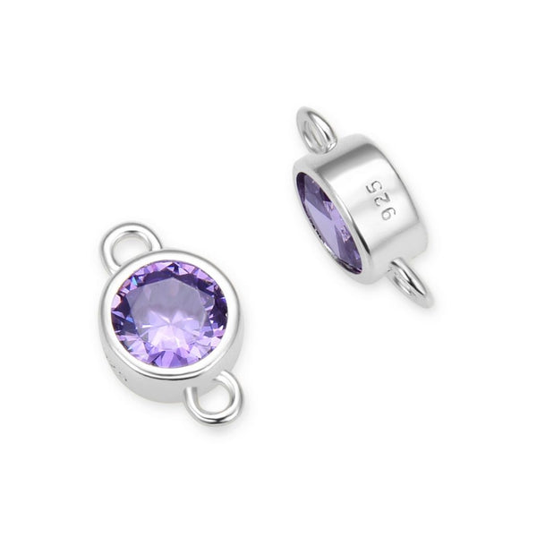 2pcs 925 Sterling Silver 4mm Tiny February Birthstone Links, Tarnish Resistant, Amethyst Purple Cubic Zirconia Gemstone Connector, SXP6-2