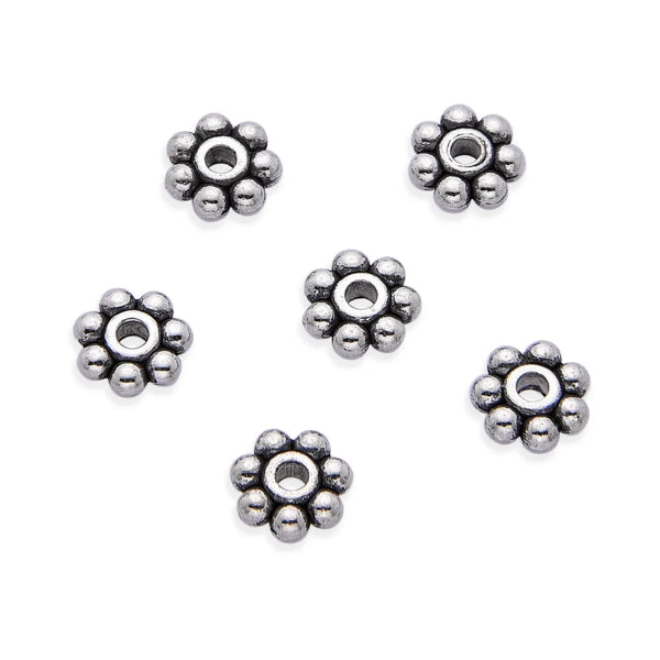200pcs Small Flat Rondelle Flower Beads, Antique Silver, 6mm, Hole 1.5mm, MC-S1
