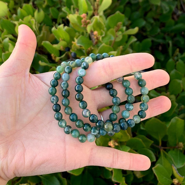 1 Strand Stretch Natural Moss Agate Beaded Gemstone Bracelet, 6mm Beads, Length Selections: 7 inch/7.5 inch/8 inch