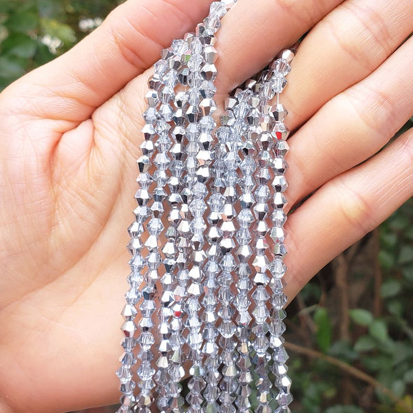 500pcs Creative Club Faceted Bicone Crystal Glass Beads, Silver Shade, 4mm (0.16 Inch) Small Tiny, Hole ID 0.9mm, CCB432