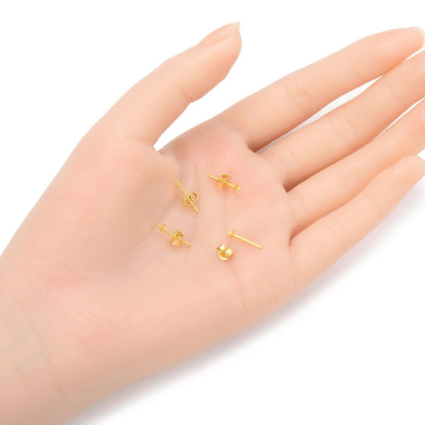 5 Pairs 925 Sterling Silver Earring Posts, Real 18K Yellow Gold Plated, Glue In Pearl Cup, 0.9mm/19 Gauge Pin, 10pcs Earring Backs, Cup Size Selections:3/4/6/8mm