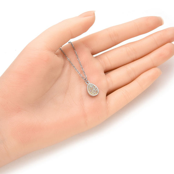 1pc Natural Druzy Crystal Pendant Necklace, Clear AB Teardrop Small Tiny Gemstone Pendant, 18 inch Stainless Steel Surgical Chain, GGP25-5