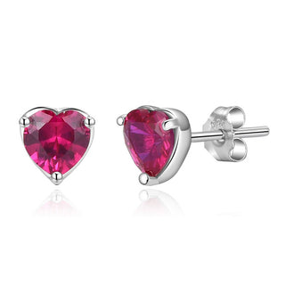 1 Pair 925 Sterling Silver July Love Heart Birthstone Stud Earrings, 6mm/0.84 Carat Cubic Zirconia CZ Red Ruby Stone, SSE79-7