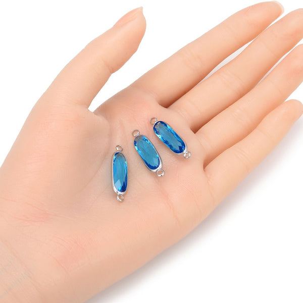 10pcs Grade A March Aquamarine Blue Rectangle Bar Birthstone Links, Sterling Silver Plated Brass, 21x7mm, CCP9-S3