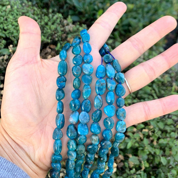 Natural Blue Apatite Gemstone Oval Tumbled Pebble Beads, Irregular, 8mm to 10mm, Hole ID 1mm, 15 Inch/1 Strand, GZ12-18