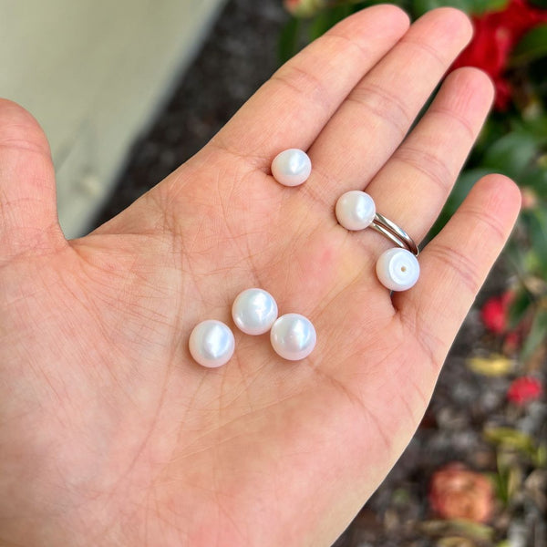 10pcs Natural AAAA Grade High Luster Half Drilled Potato Round Pearls Beads, White Cultured Freshwater Pearls, 9-10mm, Hole ID 1mm, PP4-910