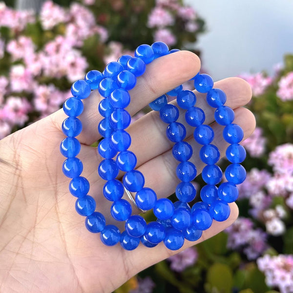 1 Strand Stretch Natural Blue Agate Beaded Gemstone Bracelet, 8mm Bead, Length Selections: 7 inch/7.5 inch/8 inch/8.5 inch