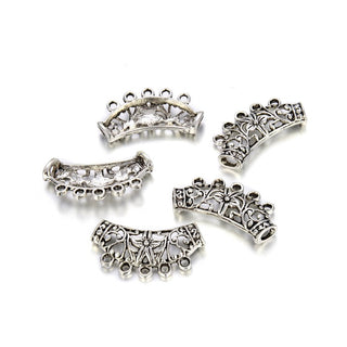 10pcs Large Hole Curved Filigree Flower Noodle Tubes, 5 Closed Ring Link, Antique Silver, 35mm (1.38 Inch), Hole ID 3.5mm, MC-L12