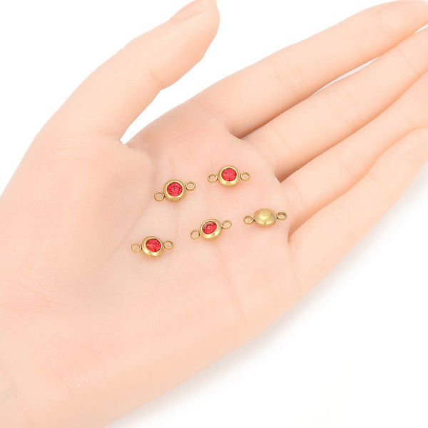 10pcs Grade A January Red Birthstone Links, 18K Yellow Gold Plated Stainless Steel, Tarnish Resistant, 6mm, CCP35-1