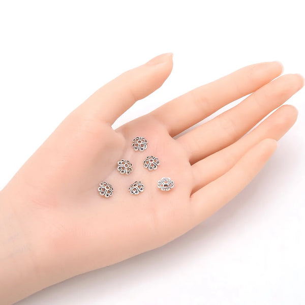 200pcs Heart Petal Flower Bead Caps, 8mm Bead End Caps, Antique Silver, MC-AB11