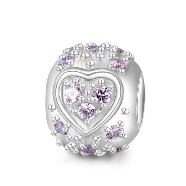 1pc 925 Sterling Silver Round Heart Pattern October Birthstone Bead Charm, Pink Tourmaline Cubic Zirconia CZ, 11x9mm, Hole ID 4.5mm, EC1-H10