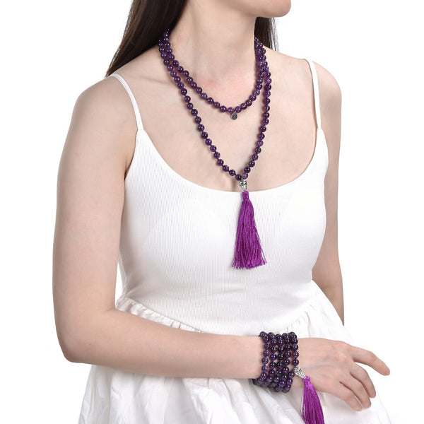 Adabele Premium 108 Mala Bead Purple Tassel Necklace, 8mm Natural Purple Amethyst Gemstone, Buddhist Japa Prayer Beaded Jewelry RGN1