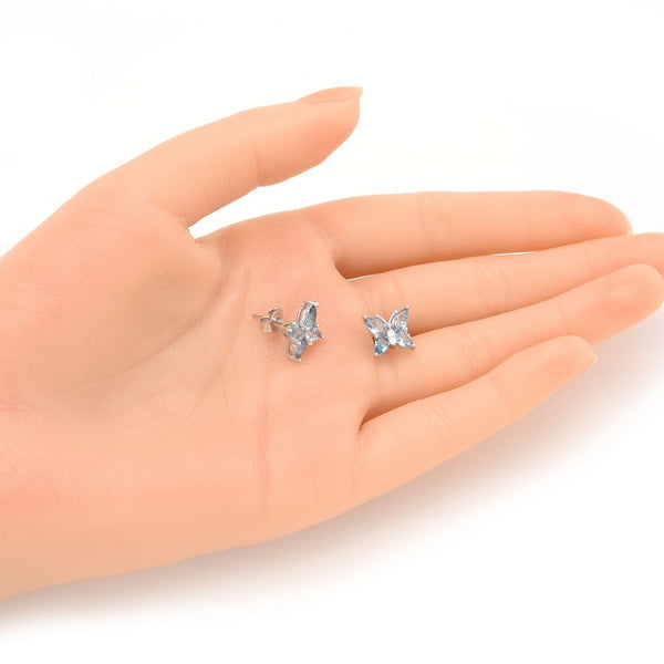 1 Pair 925 Sterling Silver March Birthstone Butterfly Stud Earrings, 10mm, Cubic Zirconia CZ Blue Aquamarine Stone, SSE83-3