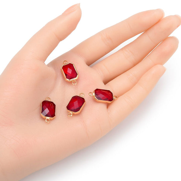 10pcs Grade A January Siam Red Birthstone Rectangle Radiant Cut Links, 18K Yellow Gold Plated Brass, 14mm, CCP12-G1