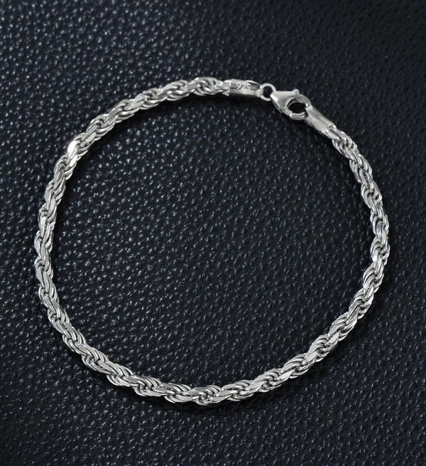 1pc 925 Sterling Silver 2.2mm Diamond Cut Braided Rope Chain Bracelet, Tarnish Resistant White Gold Plated, Length Selections: 7 inch/7.5 inch/8 inch