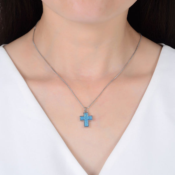 1pc Natural Druzy Crystal Pendant Necklace, Aquamarine Blue Cross Small Gemstone Pendant, 18 inch Stainless Steel Surgical Chain, GGP19-3