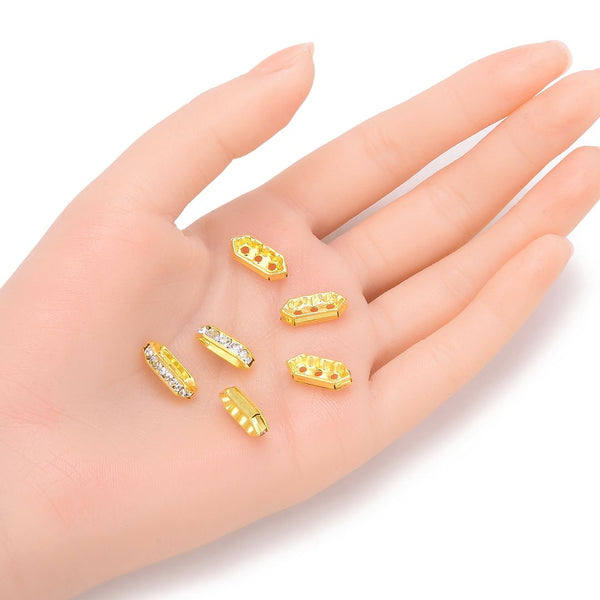 50pcs Grade A 3-Hole Multiple Strands Crystal Clear Rhinestone Beads, 18K Yellow Gold Plated Brass, 15mm Spacer Bar, CF60-2