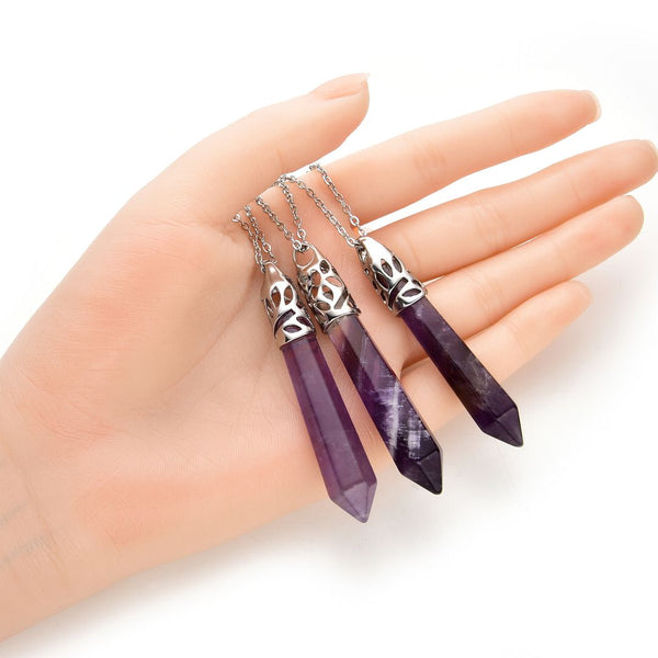 1pc Natural Purple Amethyst Crystal Hexagonal Pile Gemstone Pendant Necklace, 26 Inch Surgical Stainless Steel Chain, GGP-BB4