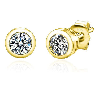 1 pair 18K Yellow Gold Plated Sterling Silver 3mm Bezel Stud Earrings, Round Cut Cubic Zirconia CZ Diamond, Small Tiny, SSE77-3