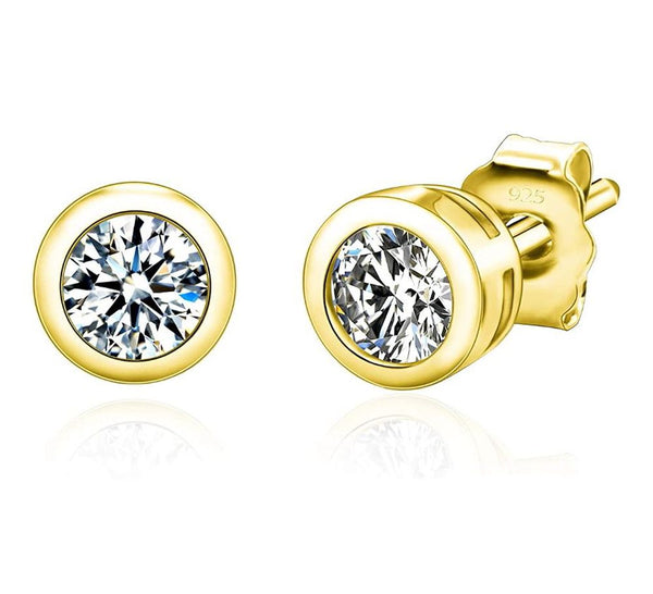 1 pair 18K Yellow Gold Plated Sterling Silver 3mm Bezel Stud Earrings, Round Cut Cubic Zirconia CZ Diamond, Small Tiny, SSE77-3