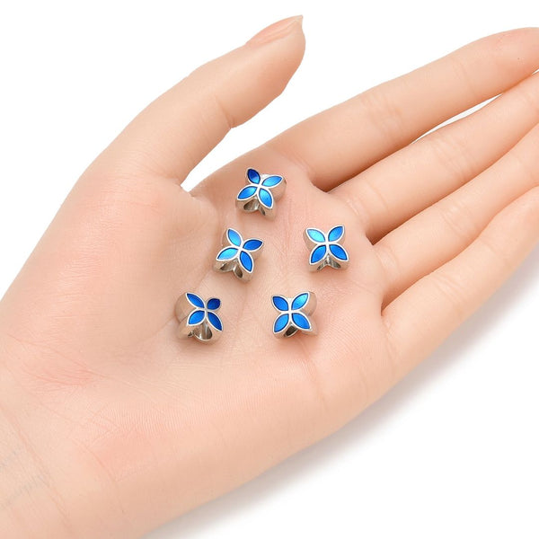 20pcs Blue Enamel Four-Clover Good Luck Large Hole Beads, Hole ID 4.5mm, Antique Silver, Zinc Alloy Metal, MEC-E4